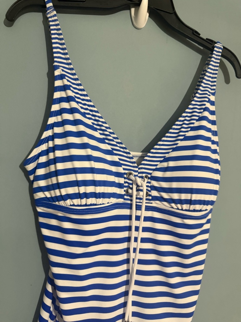 Tommy Bahama Blue and White Striped Women's Tankini Top with Front Tie
